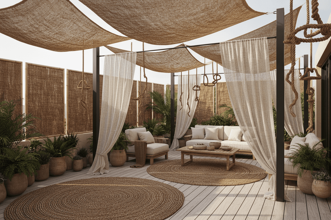 Aménagement terrasse avec produits fibre de coco voile ombrage tapis