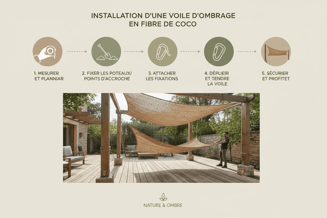 Comment installer une voile d'ombrage en fibre de coco à suspendre en 5 étapes - Tiens-toi à l'ombre