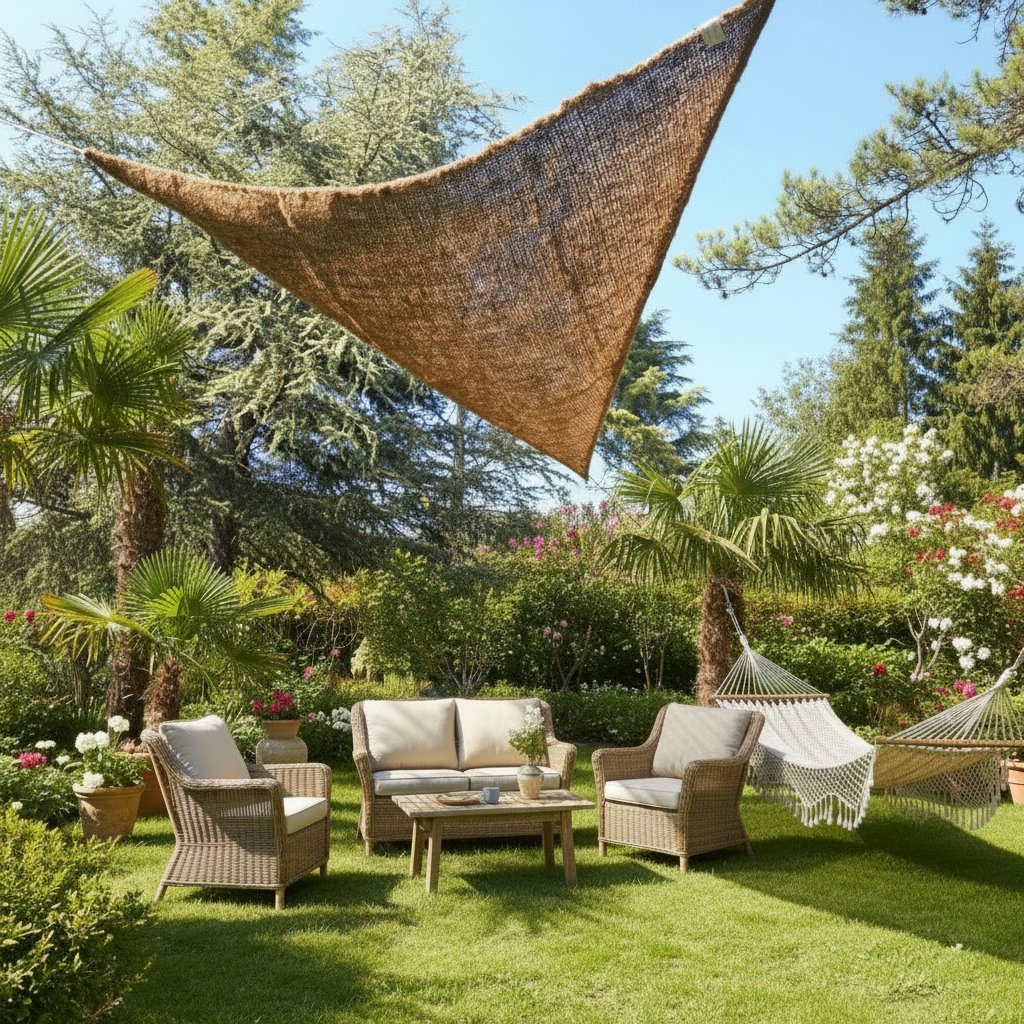Voile d'ombrage Triangulaire à suspendre en Fibre de Coco 3,5x3,5x3,5m