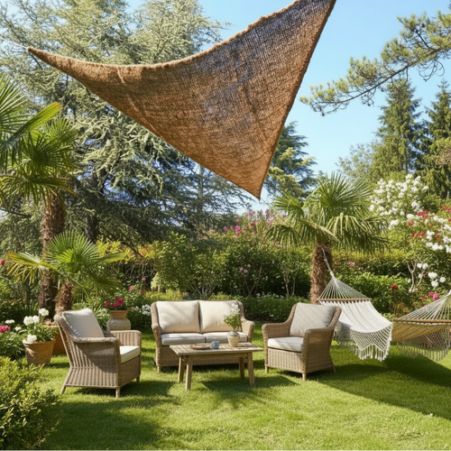 Voile d'ombrage Triangulaire à suspendre en Fibre de Coco 3,5x3,5x3,5m - Tiens - toi à l'ombre !!!