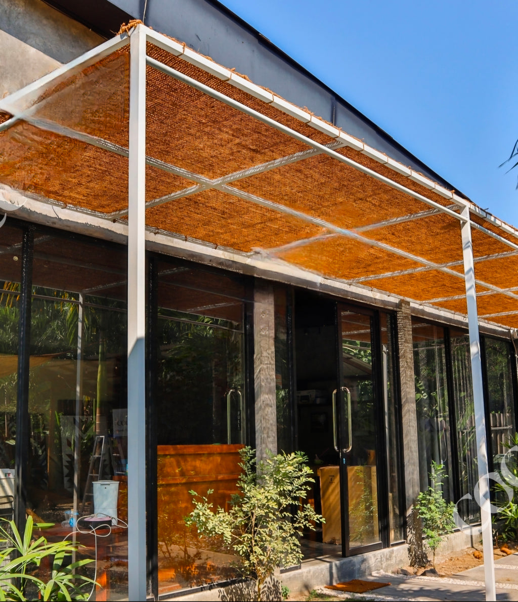 Grande voile pergola 4x3m fibre de coco vue installation fixations