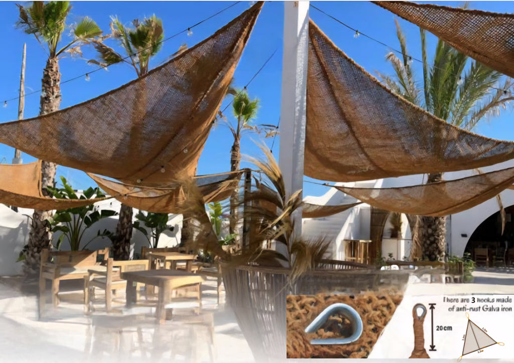 Voile d'ombrage triangulaire 3,5m en fibre de coco naturelle suspendue au-dessus d'un patio