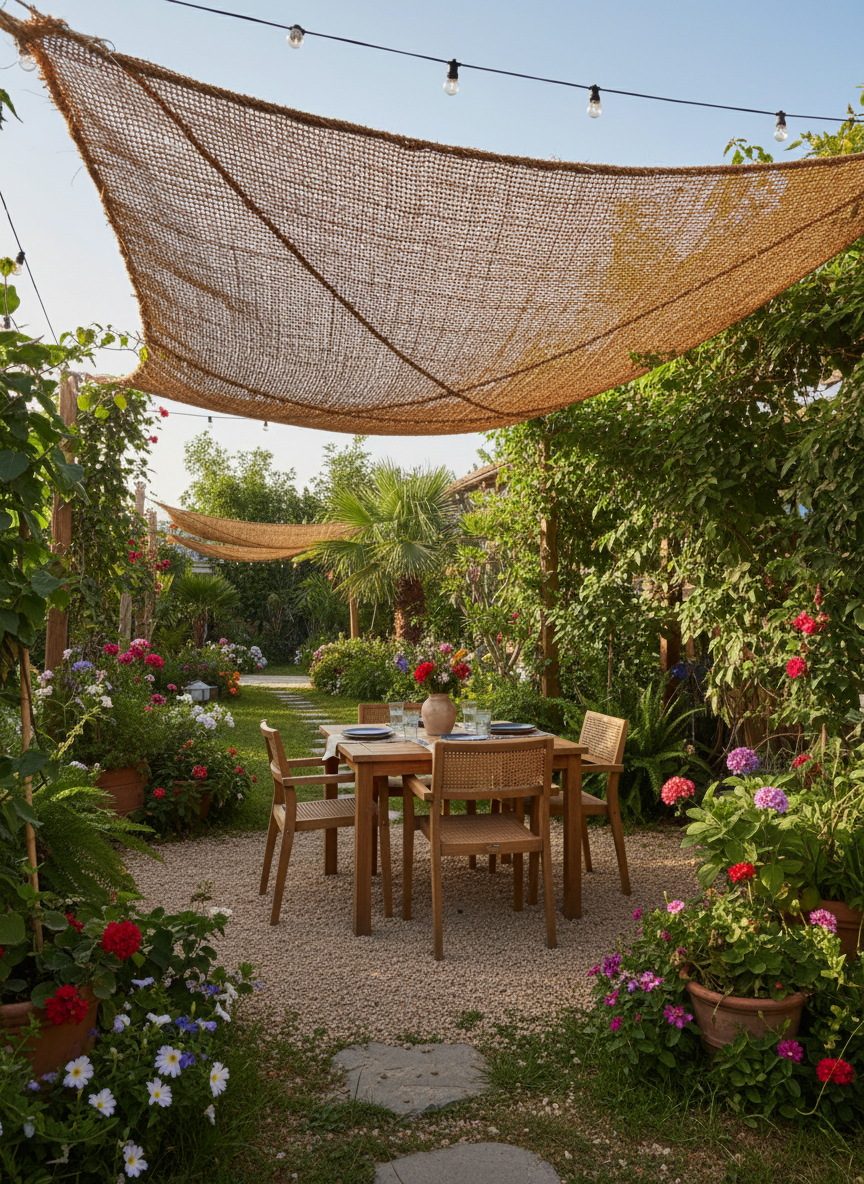 Voile d'ombrage 3x4m sur terrasse méditerranéenne avec mobilier lounge