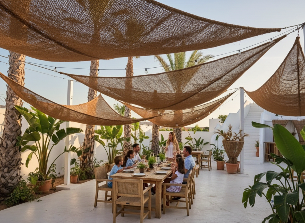 Voile triangulaire 3,5m espace repas familial jardin