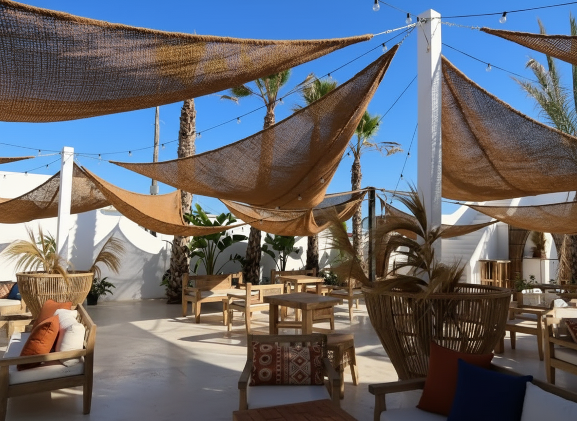 Voile triangulaire 3,5m sur terrasse moderne avec salon lounge