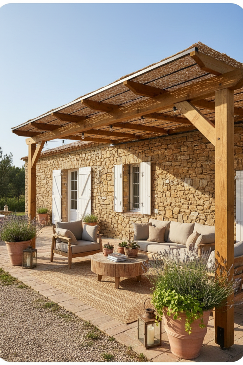 Voile pergola 3x3m structure bois avec salon lounge