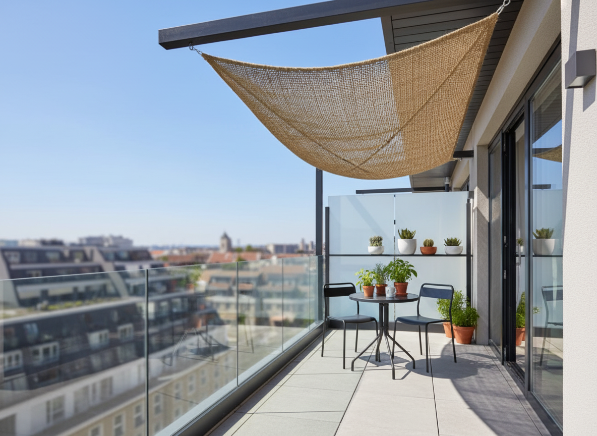 Voile 3x2m sur balcon urbain avec mobilier bistro