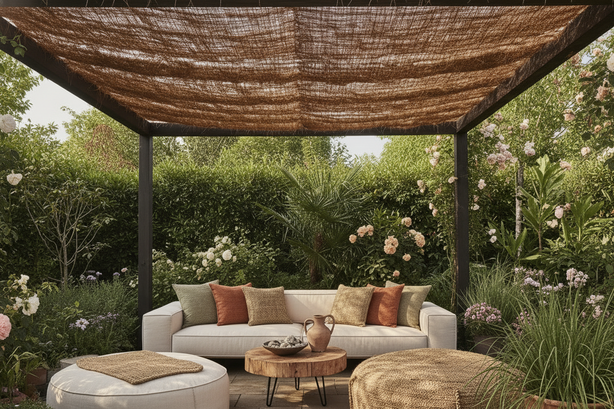 la même image, sans que l'on voit les bordures de la voile d'ombrage, et des barres transversales sur la pergola où repose la voile