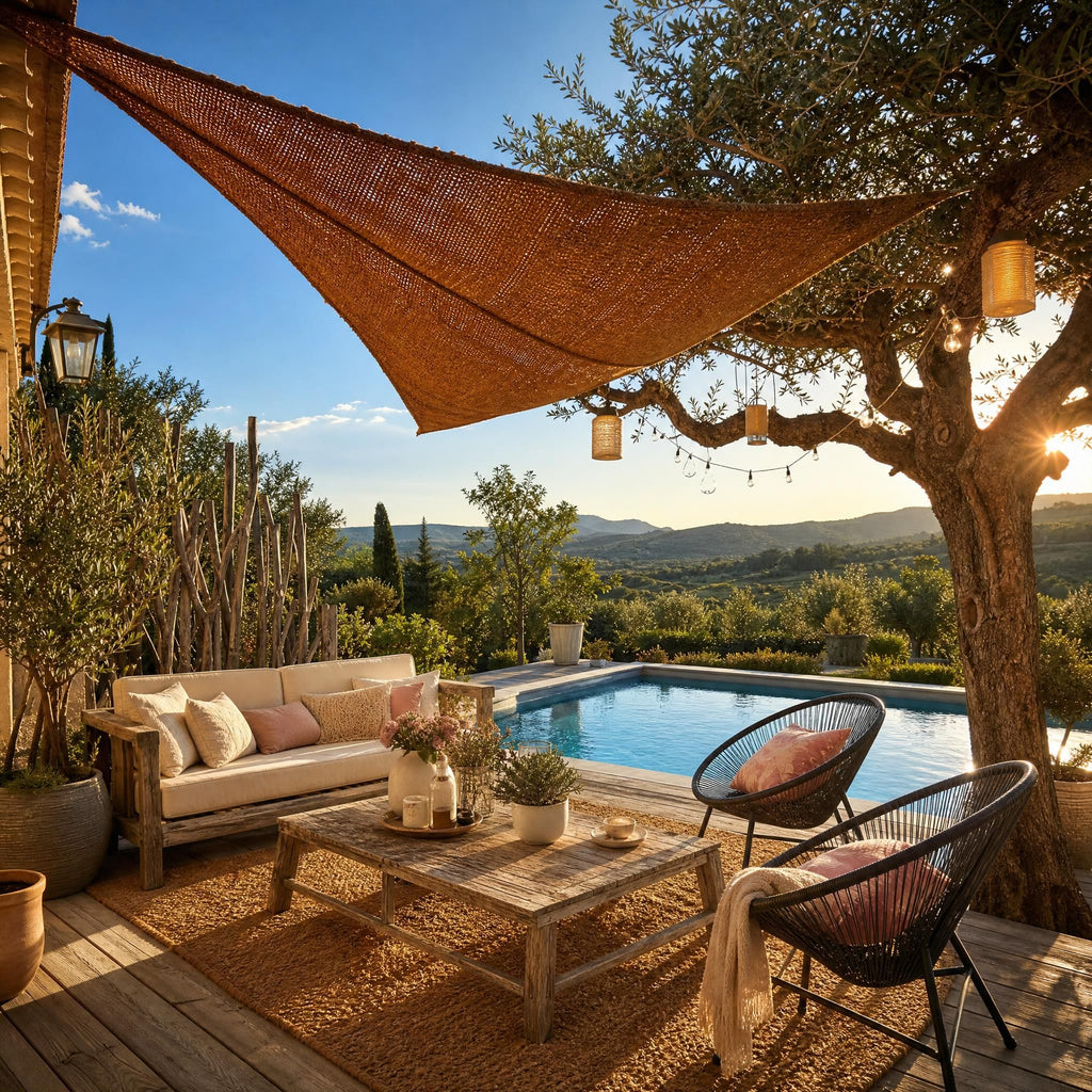 Voile d'ombrage triangulaire Alizé en fibre de coco naturelle tendue sur une terrasse bohème chic avec piscine et vue sur les collines du sud de la France