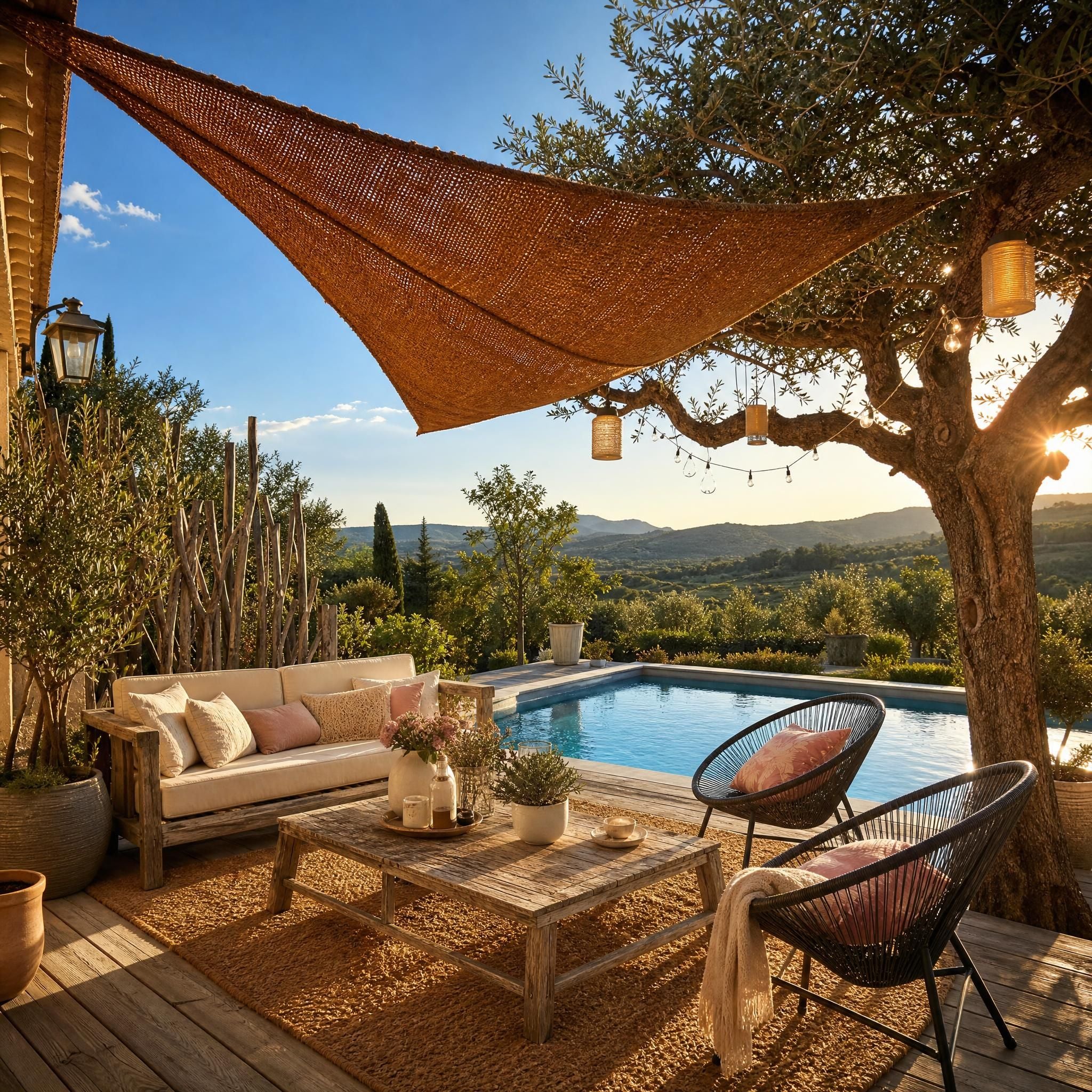 Voile d'ombrage triangulaire Alizé en fibre de coco naturelle tendue sur une terrasse bohème chic avec piscine et vue sur les collines du sud de la France